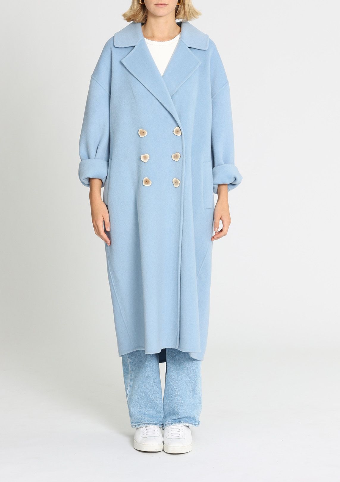 Baby blue long coat on sale