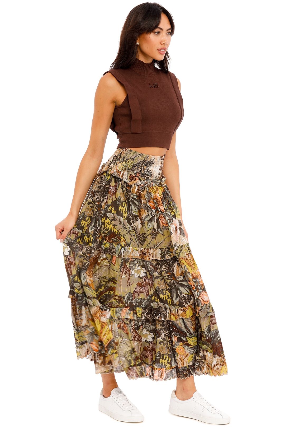 Hire Leandra Shirred Waist Skirt in Khaki Alemais GlamCorner