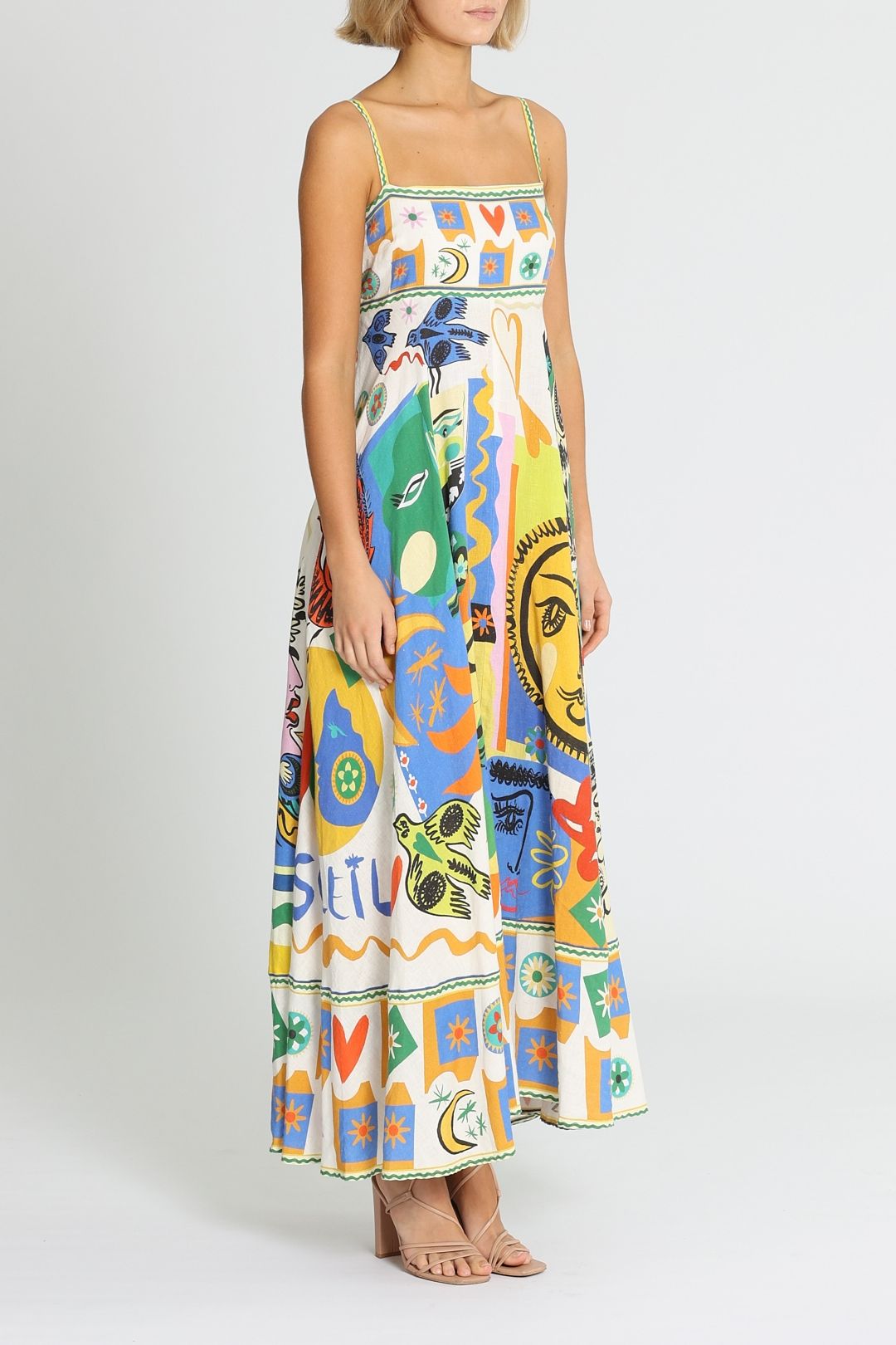 Alemais Soleil Folk Print Linen Dress Midi