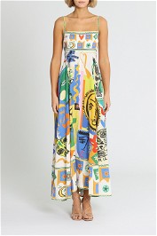 Alemais Soleil Folk Print Linen Dress Multicolour
