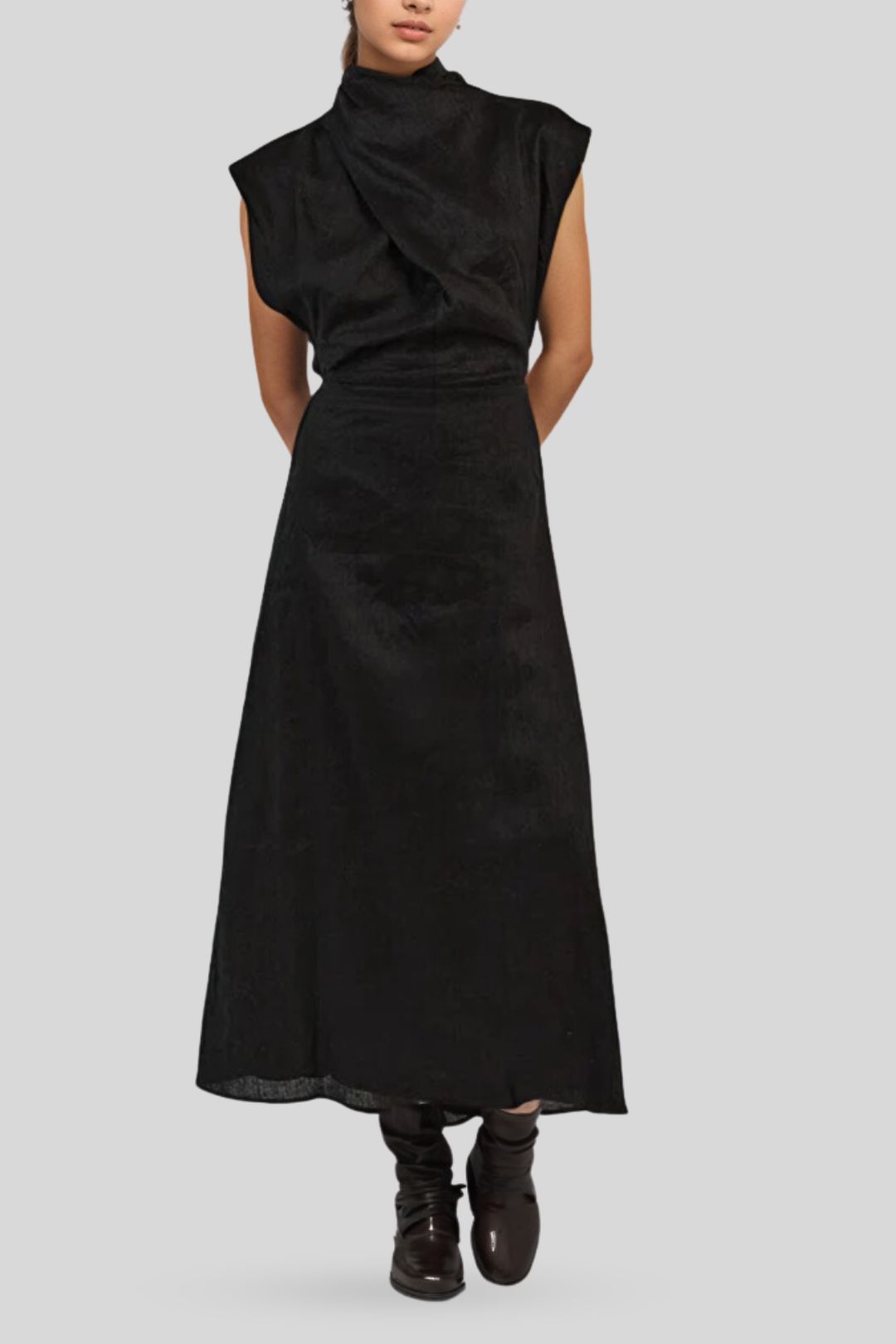 black linen fit and flare dress The Linen A-Line Midi Dress
