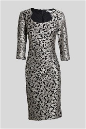 Anthea Crawford Silver on Black Stretch Sequin Lace Shift Dress