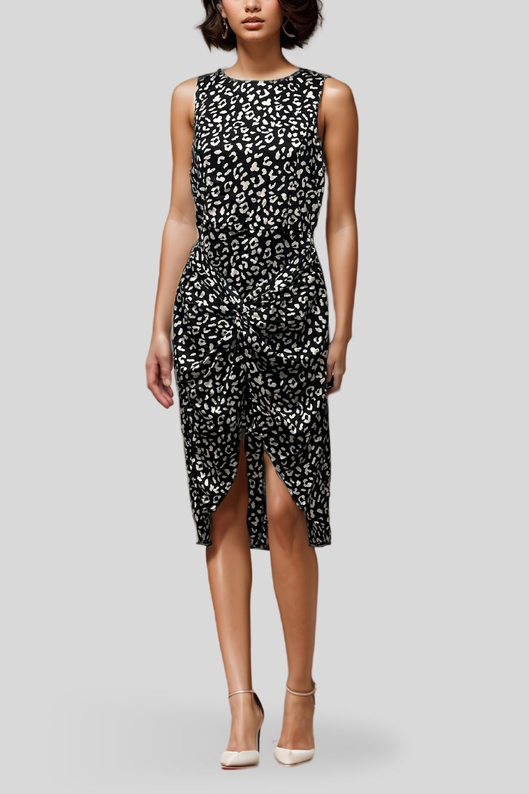 Atmos & Here	Black White Animal Print Knot Dress
