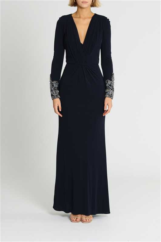 badgley mischka long black dress Black Puff Sleeves Gown
