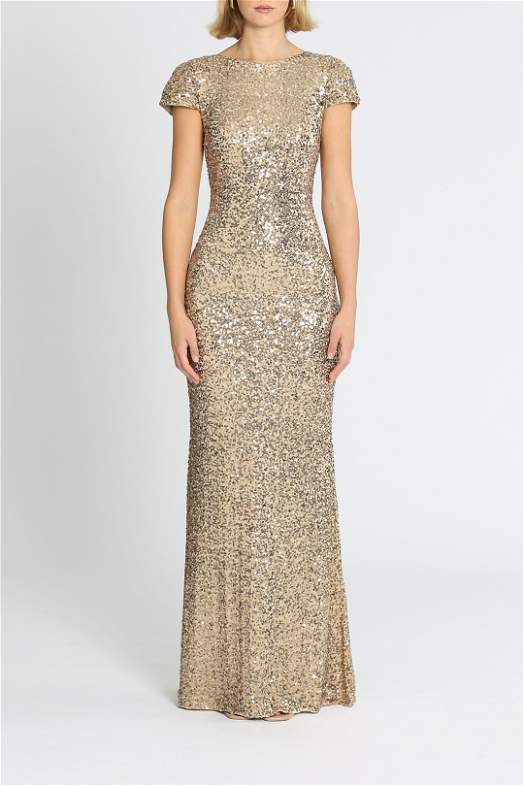 slim fit dress slacks Draped Shoulder Sequin Gown | Badgley Mischka