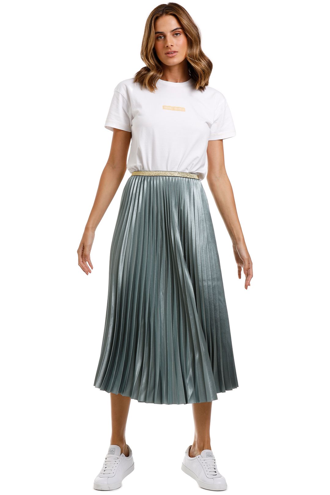 Hire Pleated Satin Skirt in Frosty Green Bande Studio GlamCorner
