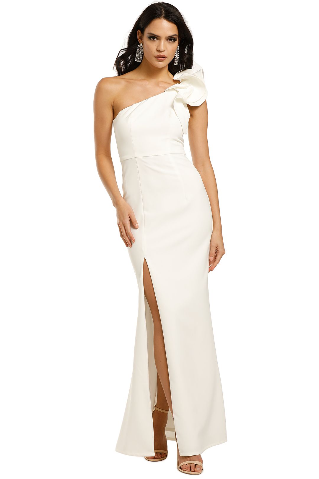 Sue Frill Gown in White by Bariano for hire GlamCorner