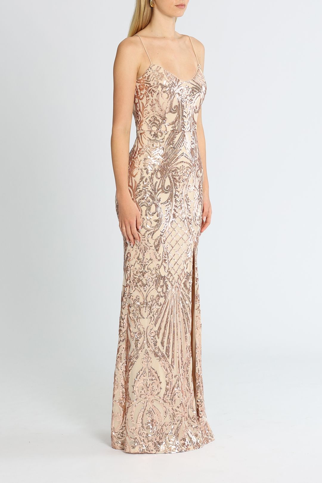 Bariano Colette Rose Gold Sequin Gown Side Leg Split