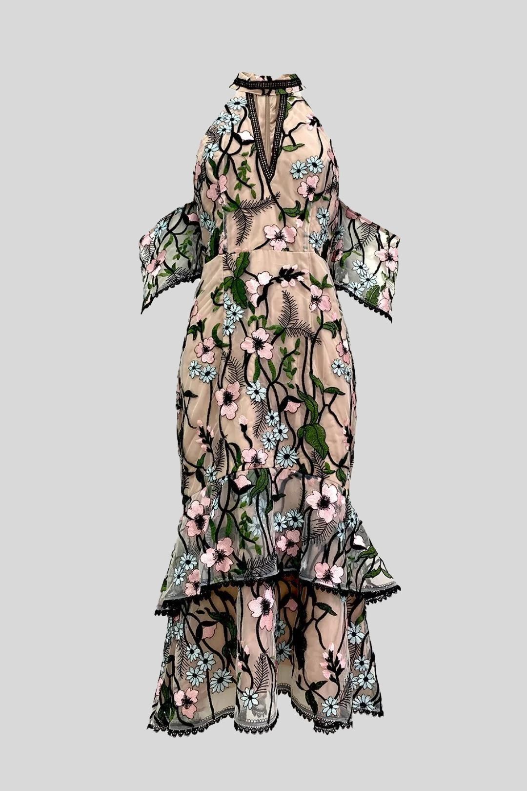 Bariano - Floral Embroidered Cold Shoulder Dress