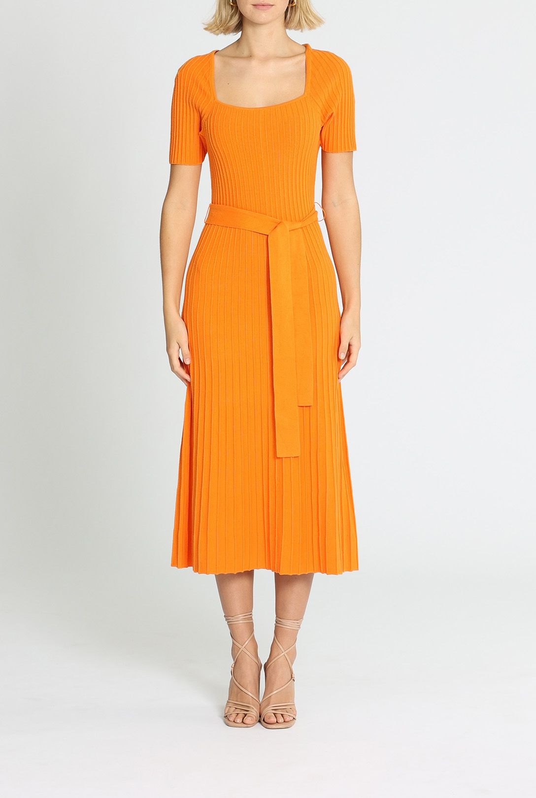 Basque Ribbed Knit Midi Dress Orange