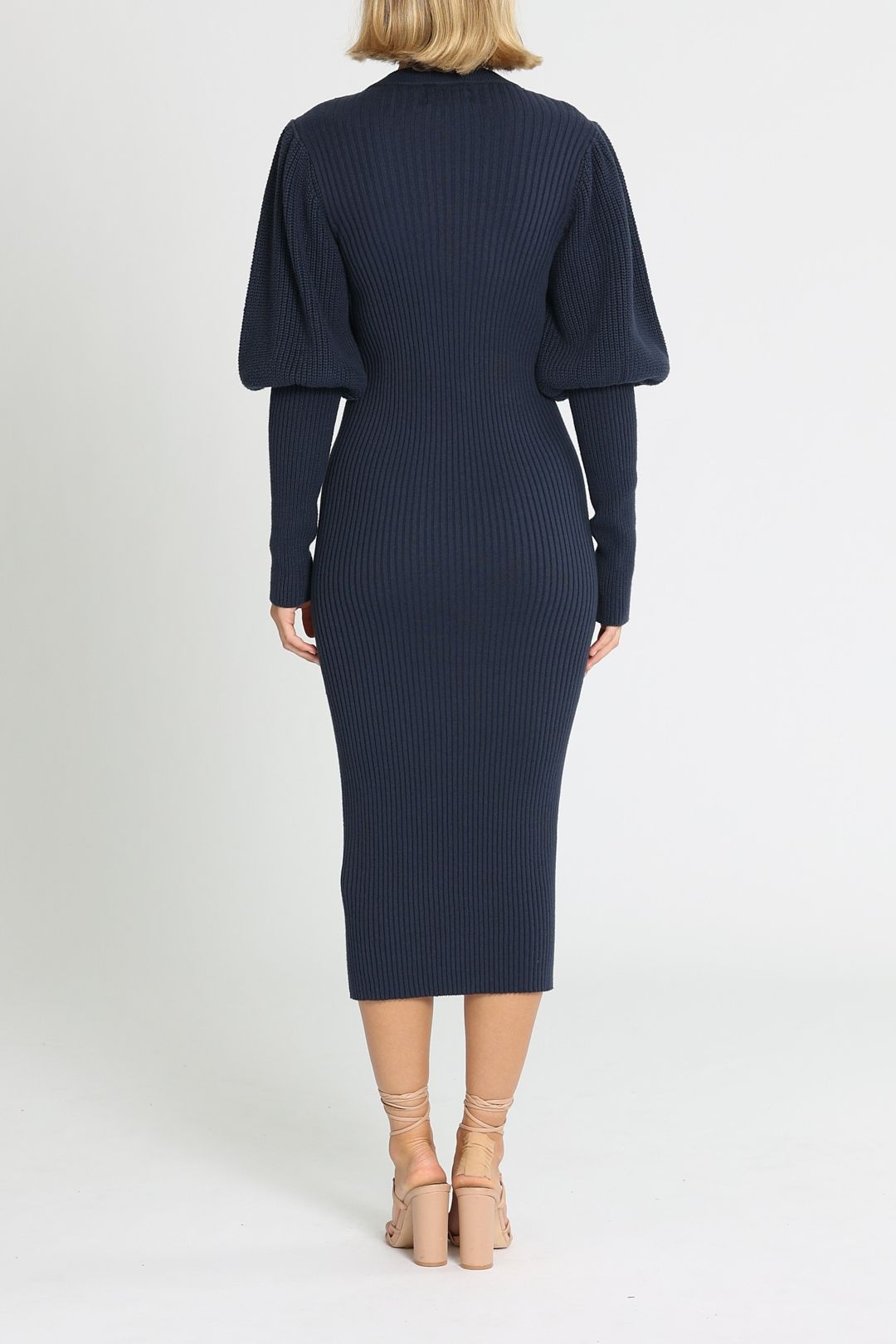 Hire Balloon Sleeve Midi Dress in Navy Bassike GlamCorner