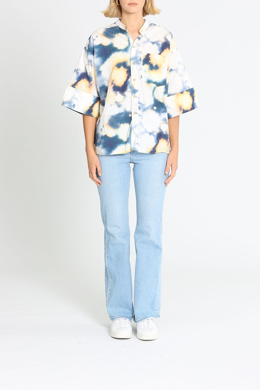 Bassike Boxy Collarless Shirt Blue