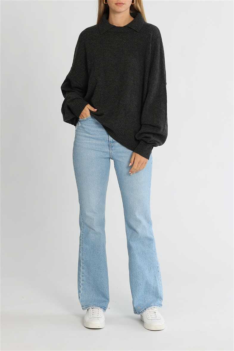Hire Relaxed Polo Style Knit in Charcoal Bassike GlamCorner