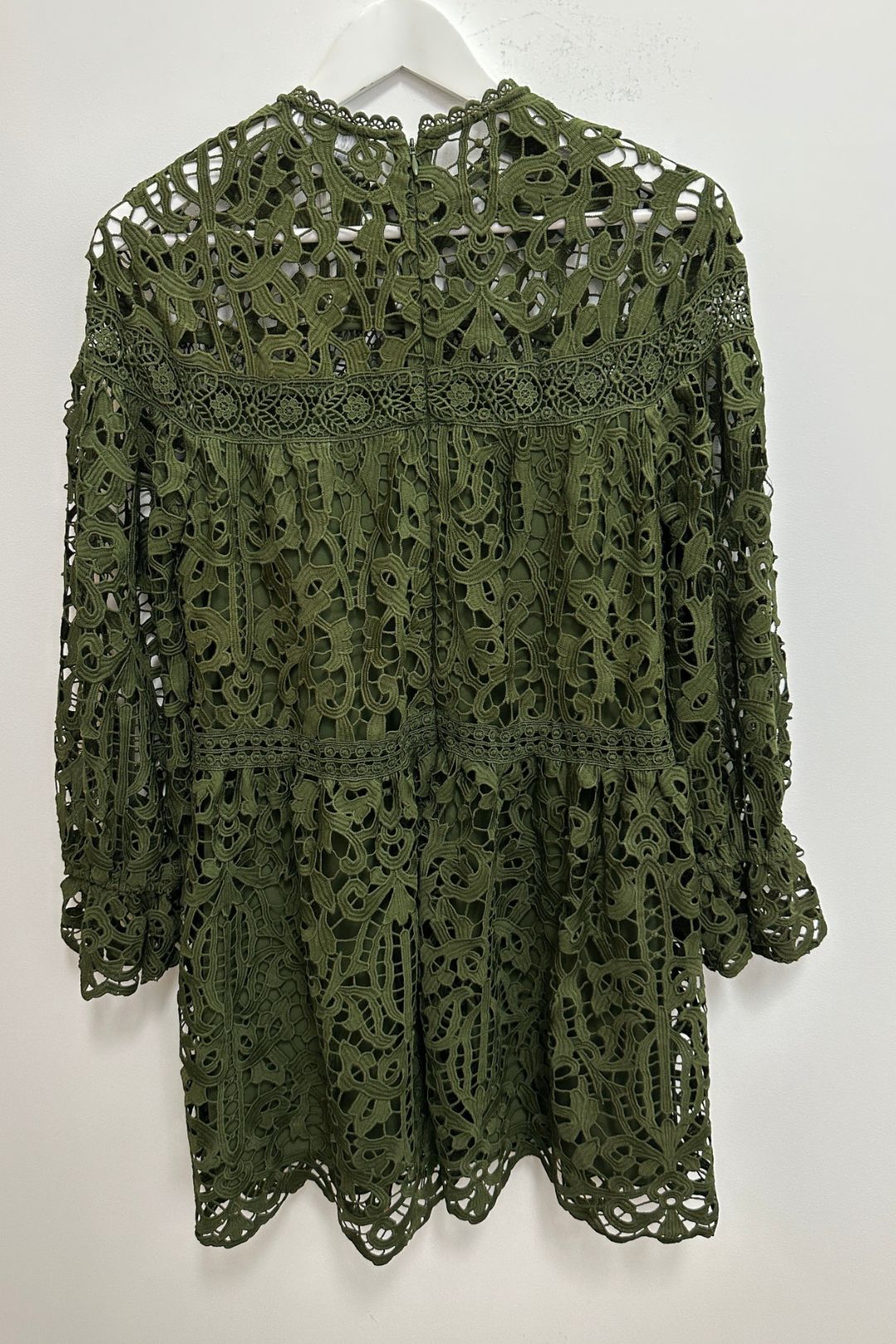 Buy Battenburg Flowy Tiered Lace Mini Dress in Green | Witchery | GlamCorner