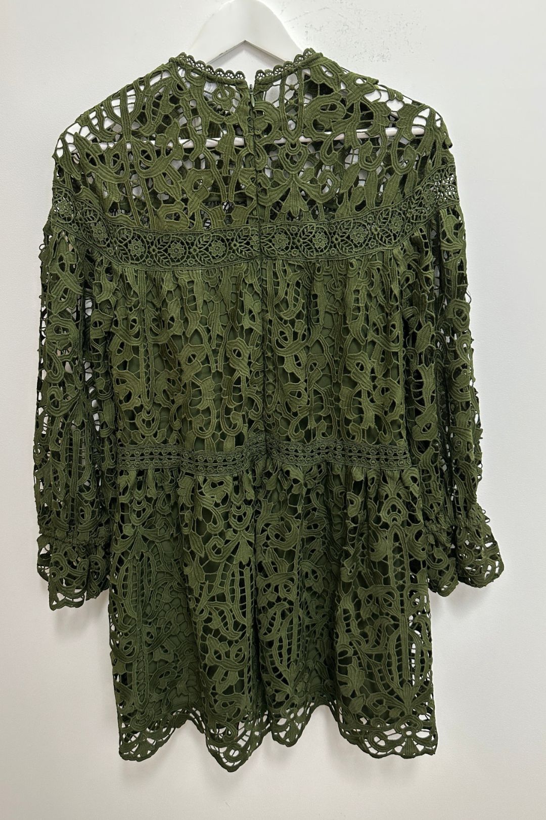 Battenburg Flowy Tiered Lace Mini Dress in Green