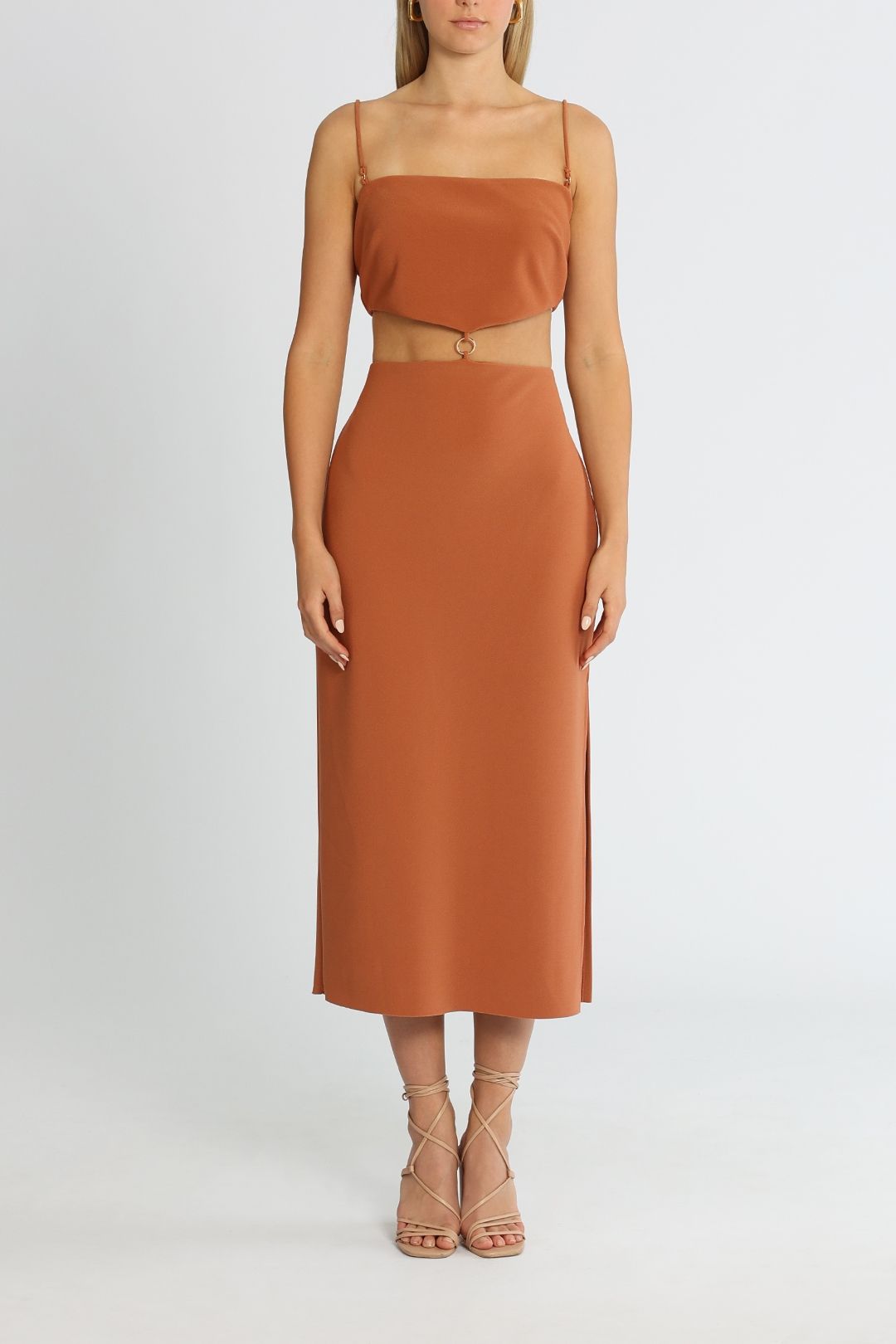 Bec and Bridge Alba Cut Out Midi Dress Terracotta