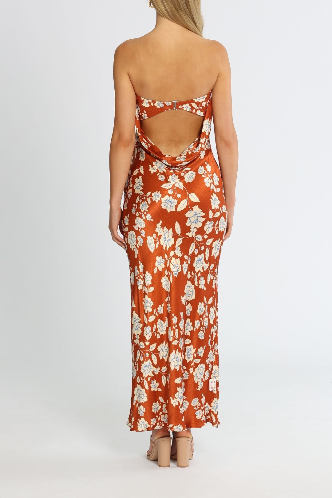Hire Blossom Strapless Maxi Dress in Rust Print Bec and Bridge GlamCorner