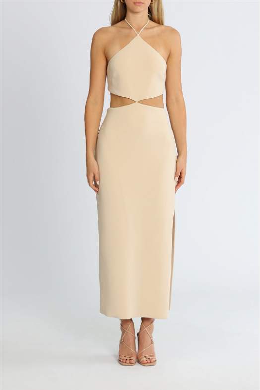 Hire Iris Halter Midi Dress in Macadamia | Bec and Bridge | GlamCorner