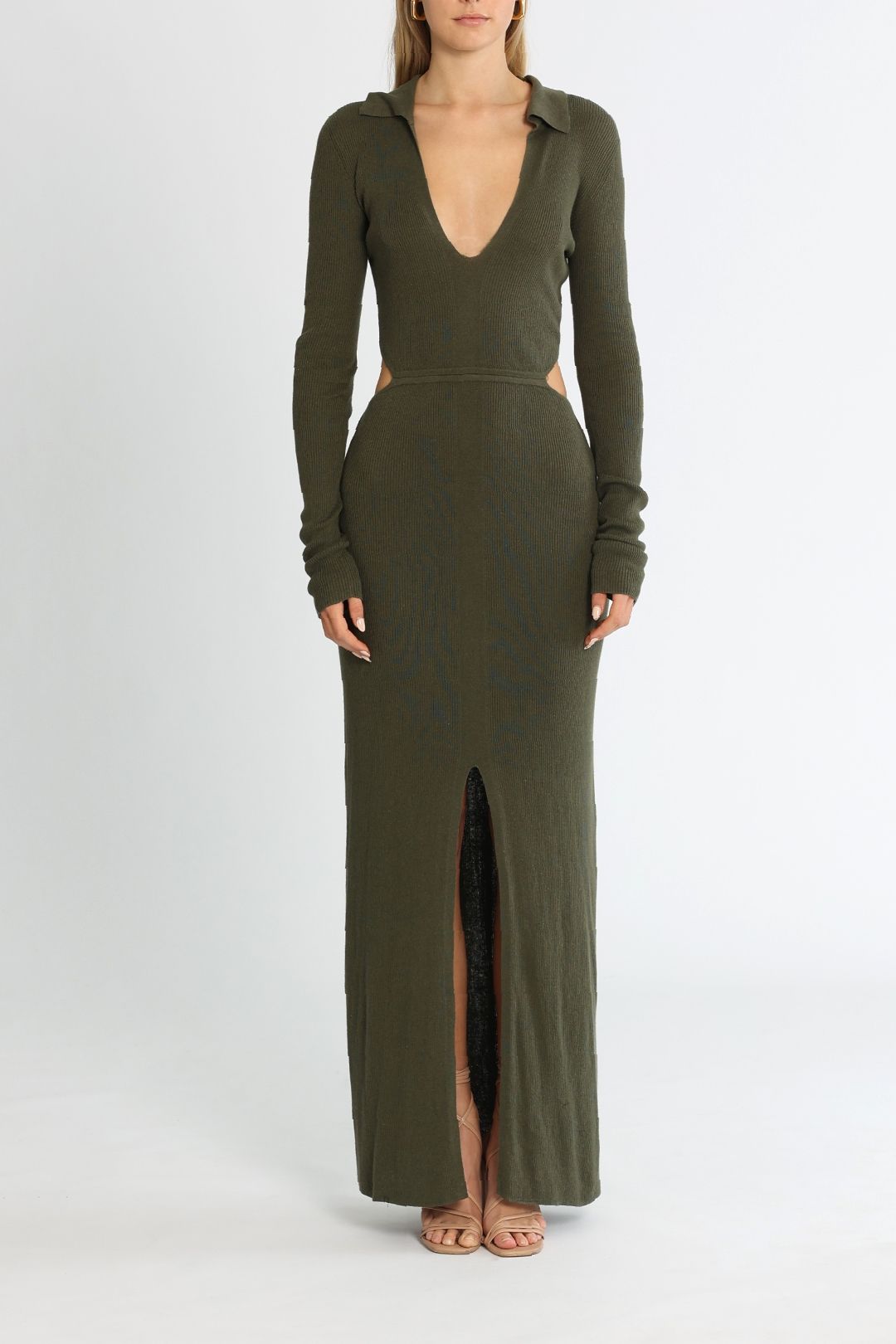 Hire Mila Knit Maxi Dress in Army Bec and Bridge GlamCorner