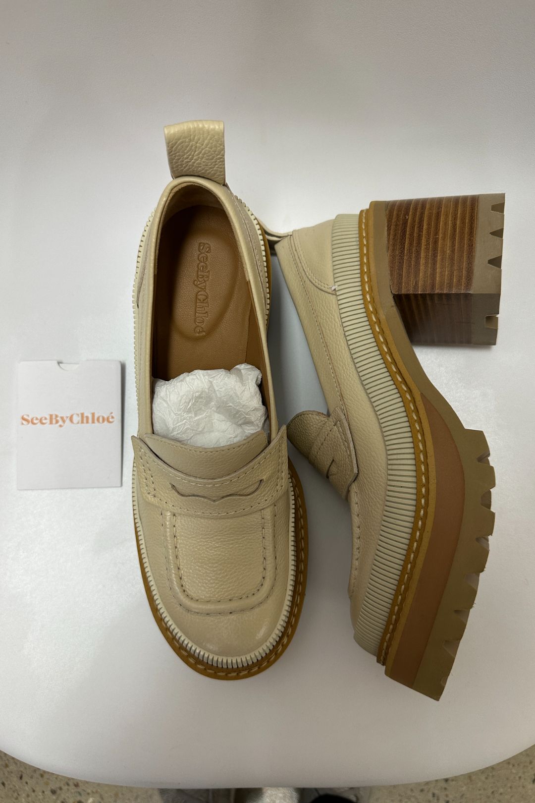 See by Chloe Beige Mahalia Textured-leather Heeled Loafers 