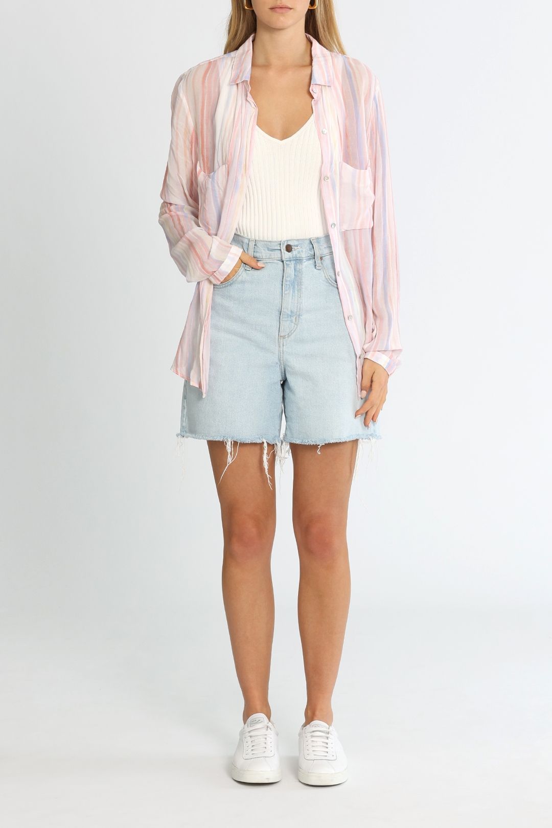 Bella Dahl Full Button Down Hipster Shirt Sunrise Stripe Print