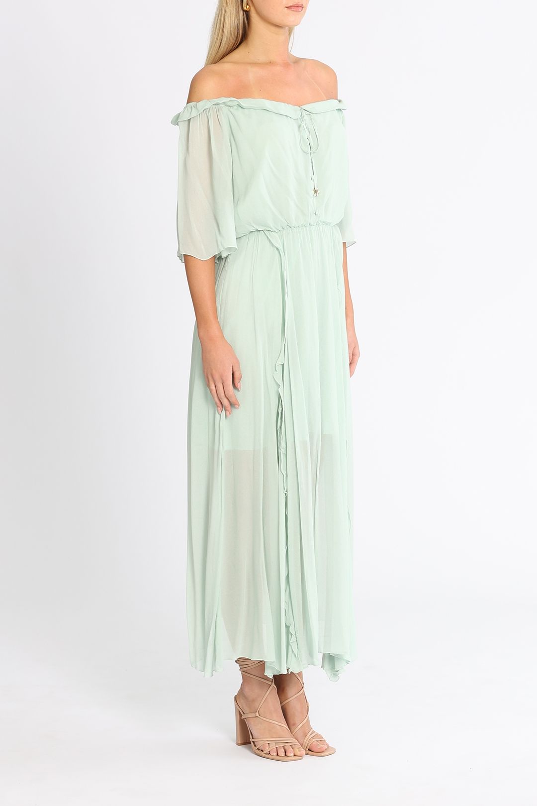 Belle and Bloom Amour Amour Ruffled Maxi Dress Green Semi Sheer