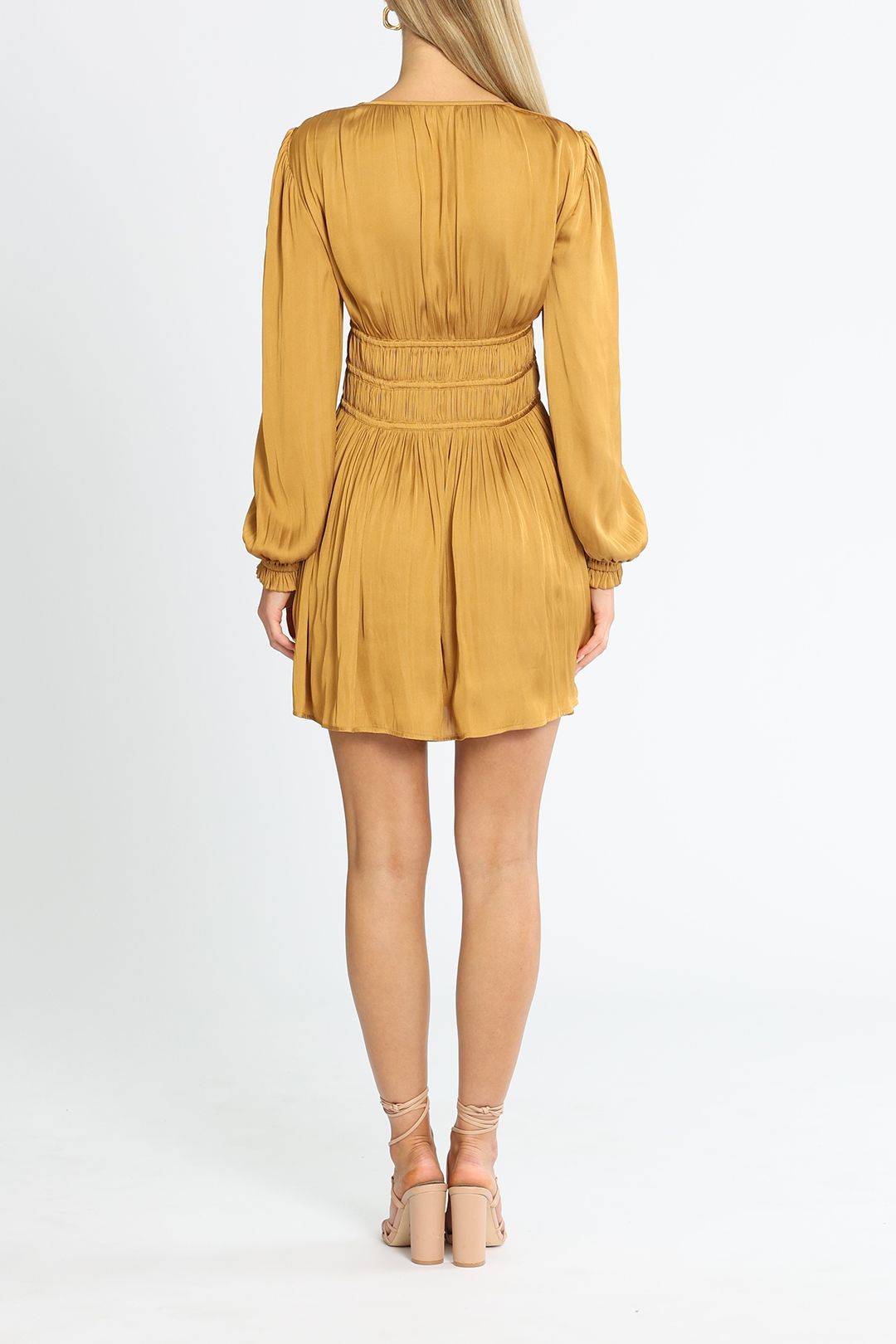Belle and Bloom Shine Bright Ruched Dress Mustard Long Sleeves