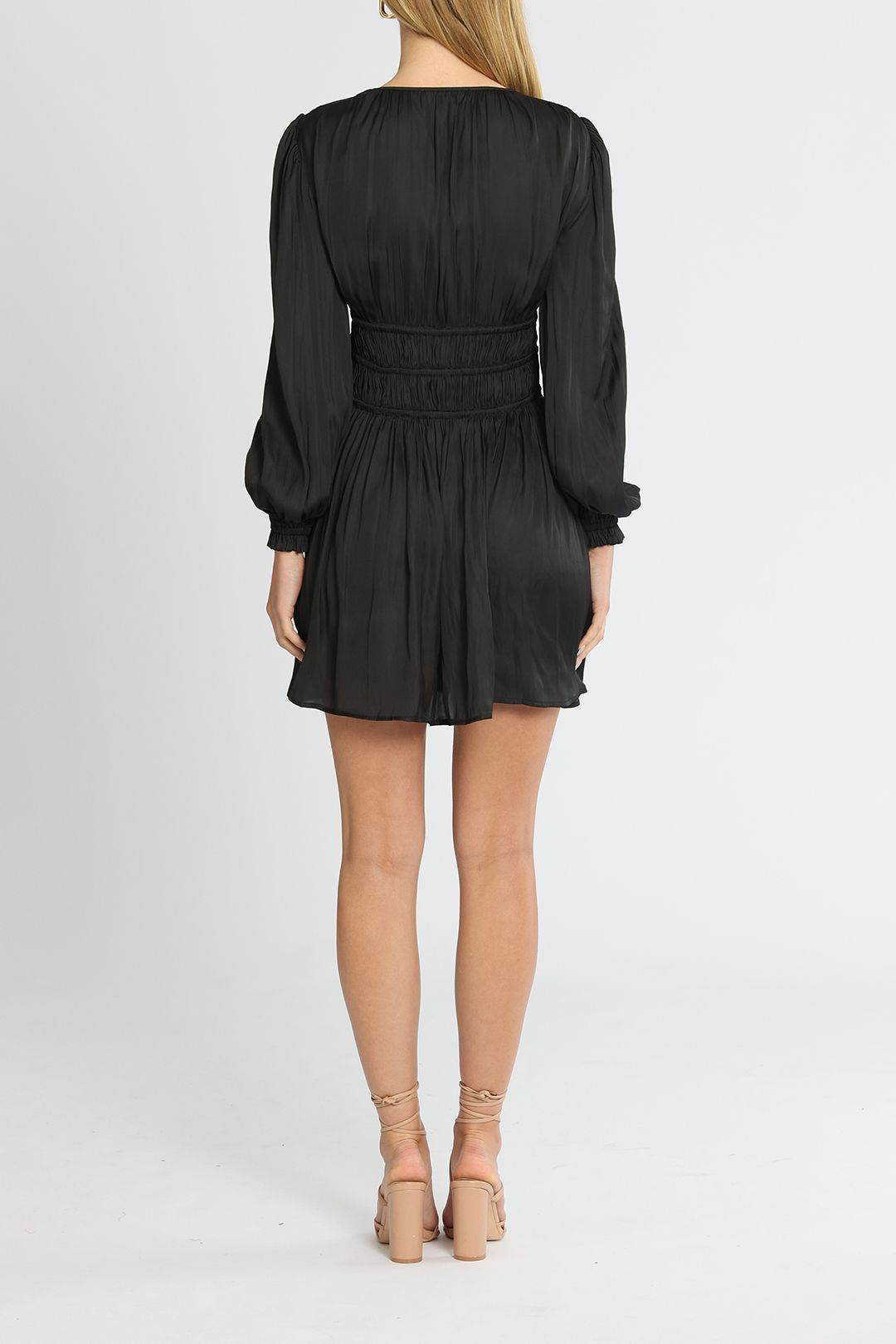 Belle and Bloom Shine Bright Ruched Mini Dress Black Long Sleeves