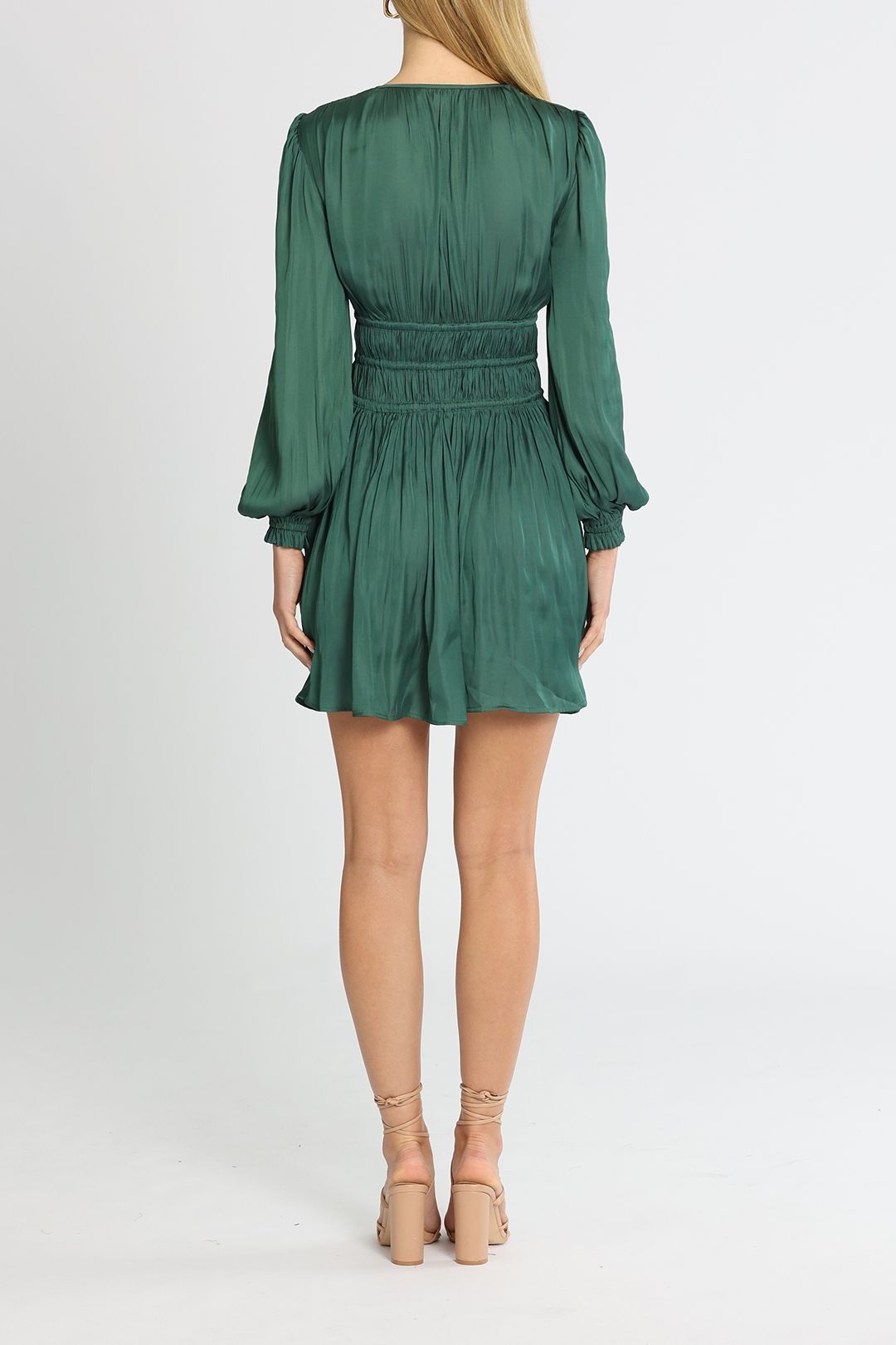 Belle and Bloom Shine Bright Ruched Mini Dress Green Long Sleeves