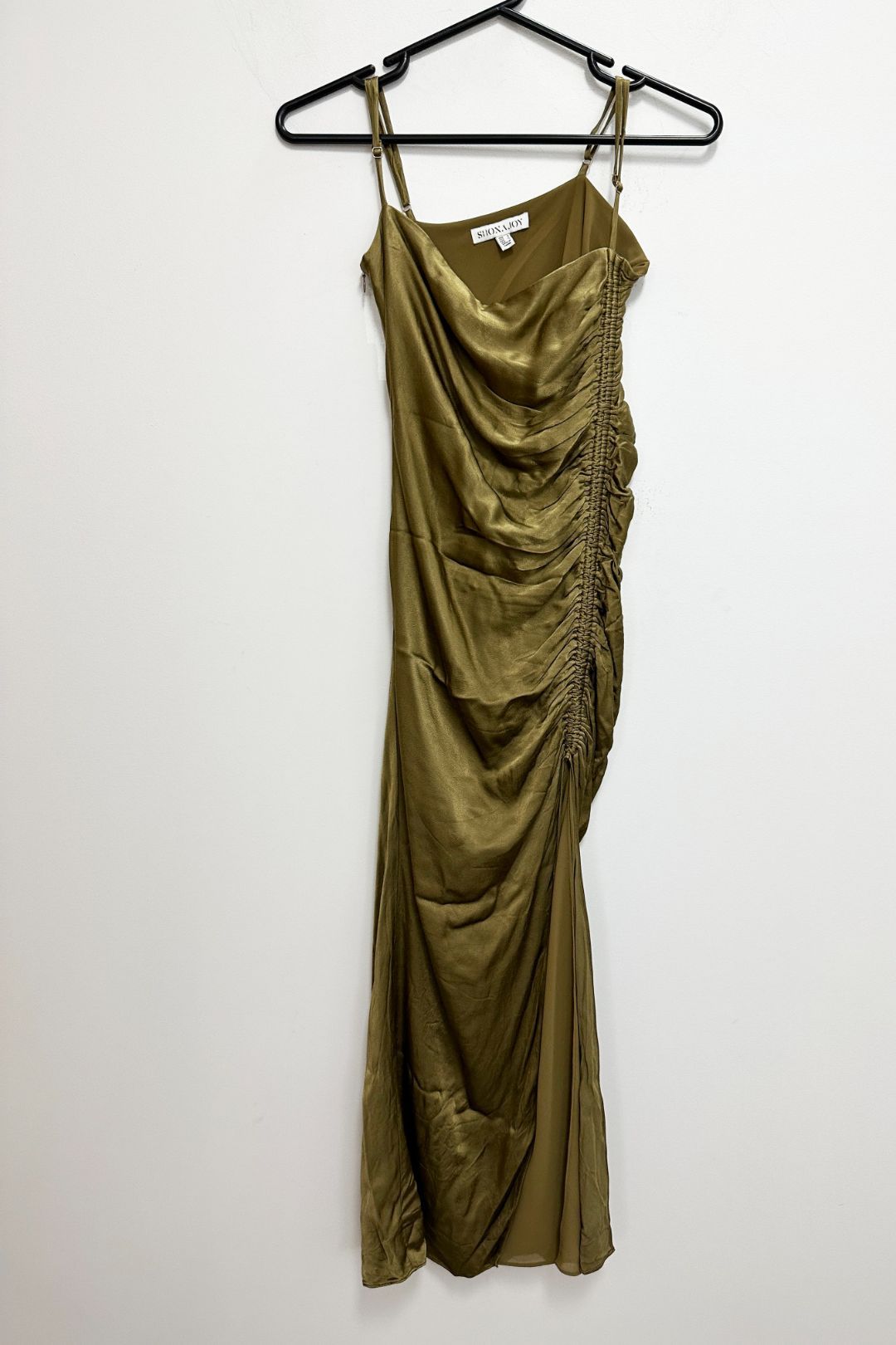 Buy Bias Ruched Midi Dress in Cumin Green | Shona Joy | GlamCorner