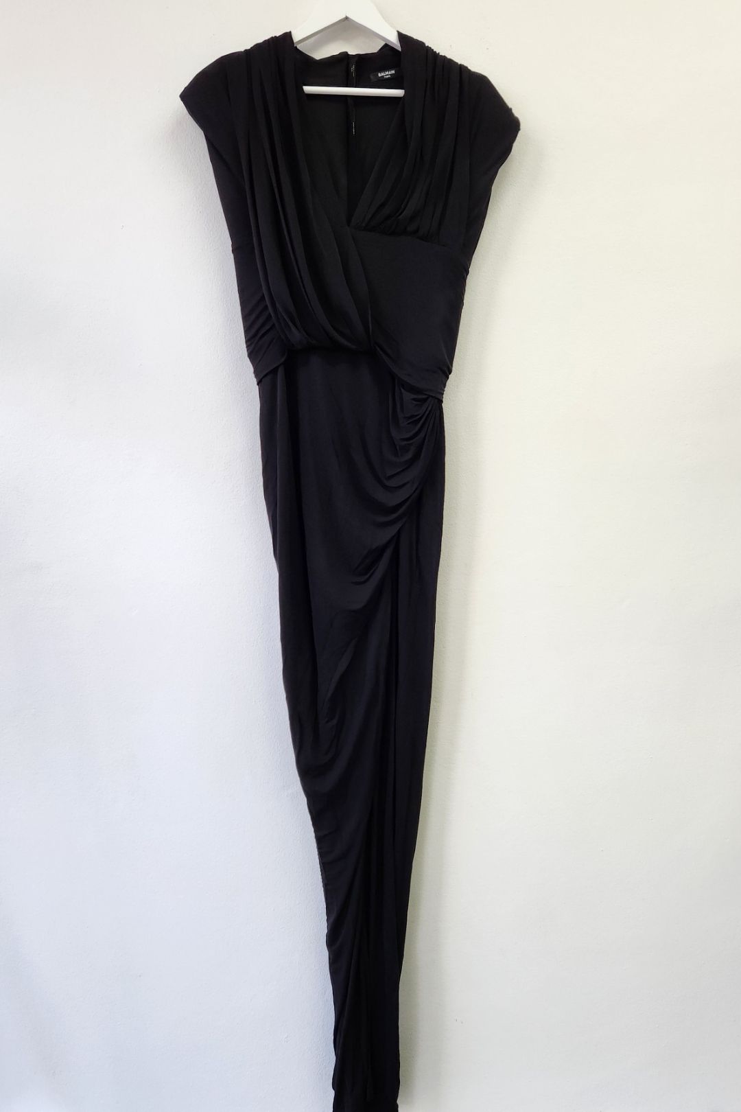 Buy Black Draped Jersey Column Gown | Balmain | GlamCorner