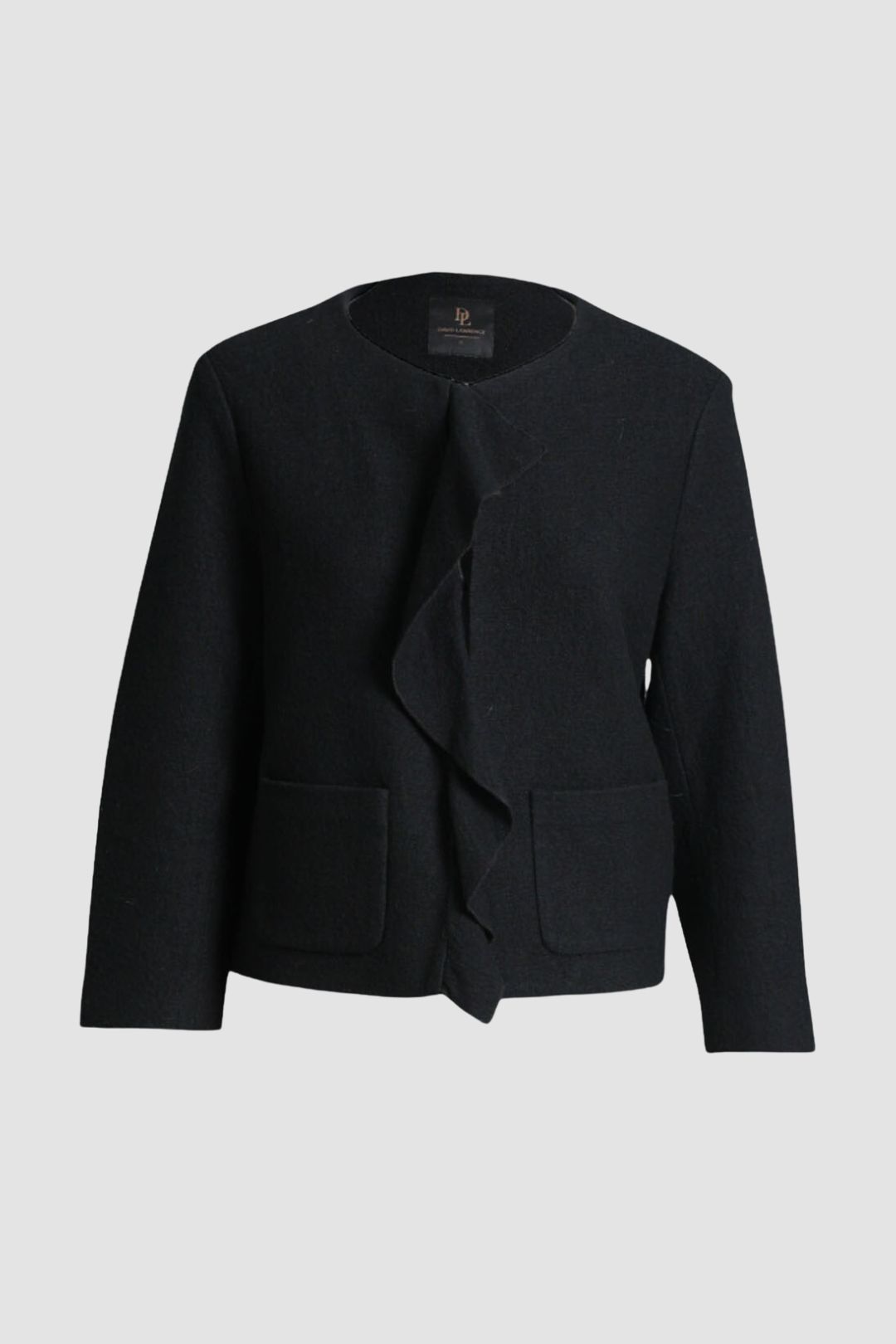 Buy Black Ruffled Round Neck Jacket | David Lawrence | GlamCorner