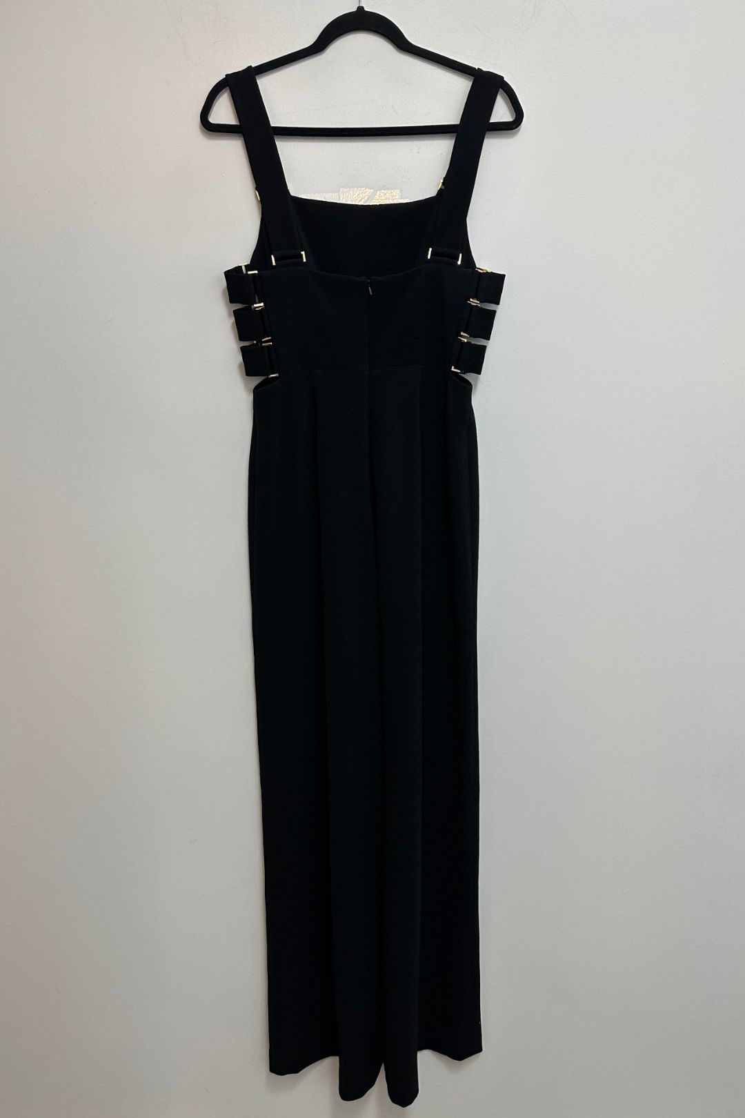 Black Stretch Crepe Gold Buckle Jumpsuit