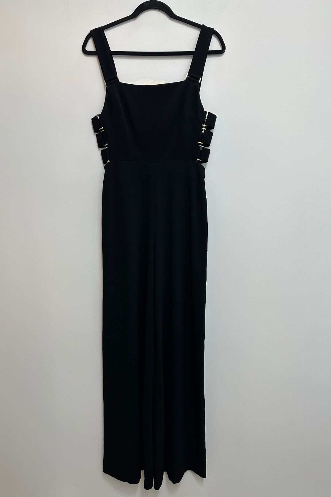 Black Stretch Crepe Gold Buckle Jumpsuit