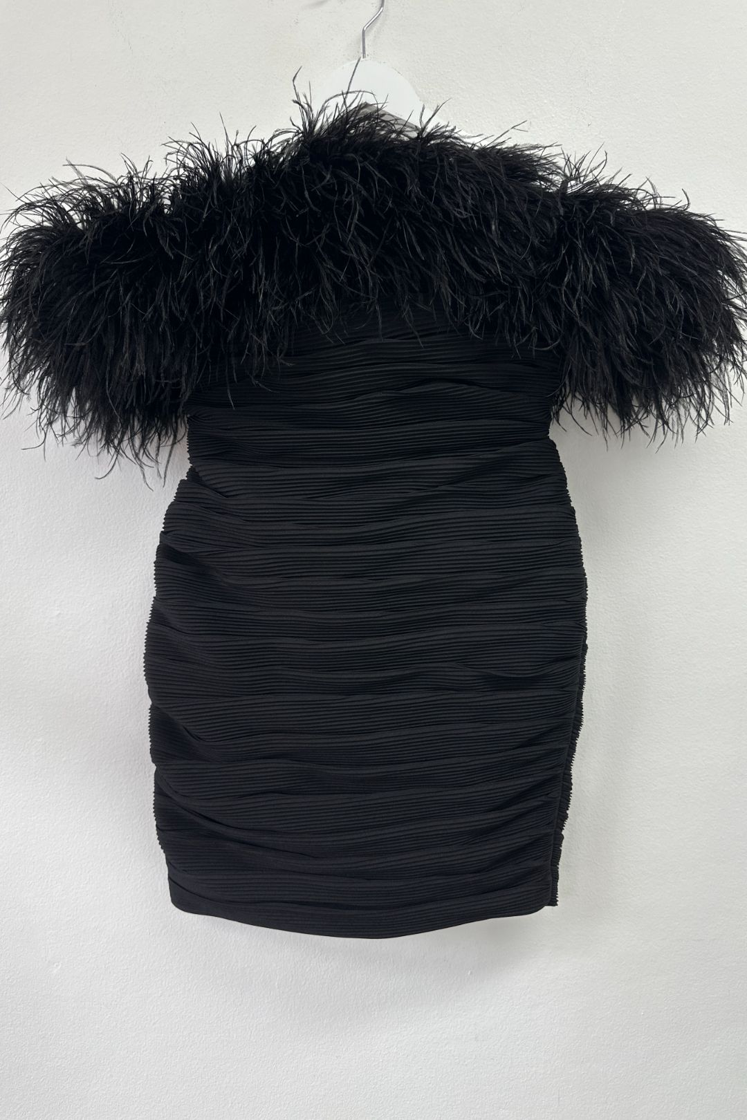 Rachel Gilbert Black Zion Bandeau Feather-Trim Ruched Mini Dress