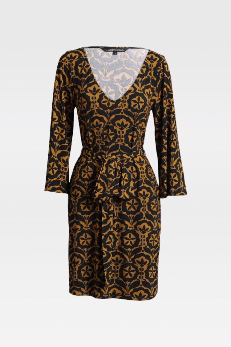 Black and Gold V Neck Jersey Dress