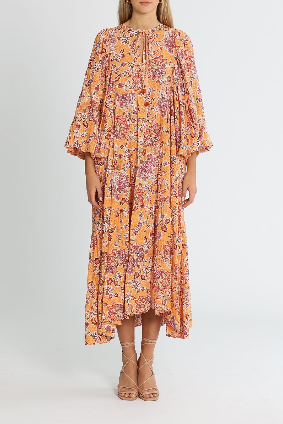 Hire Balloon Sleeve Boho Midi Dress in Sherbet Multi Bohemian