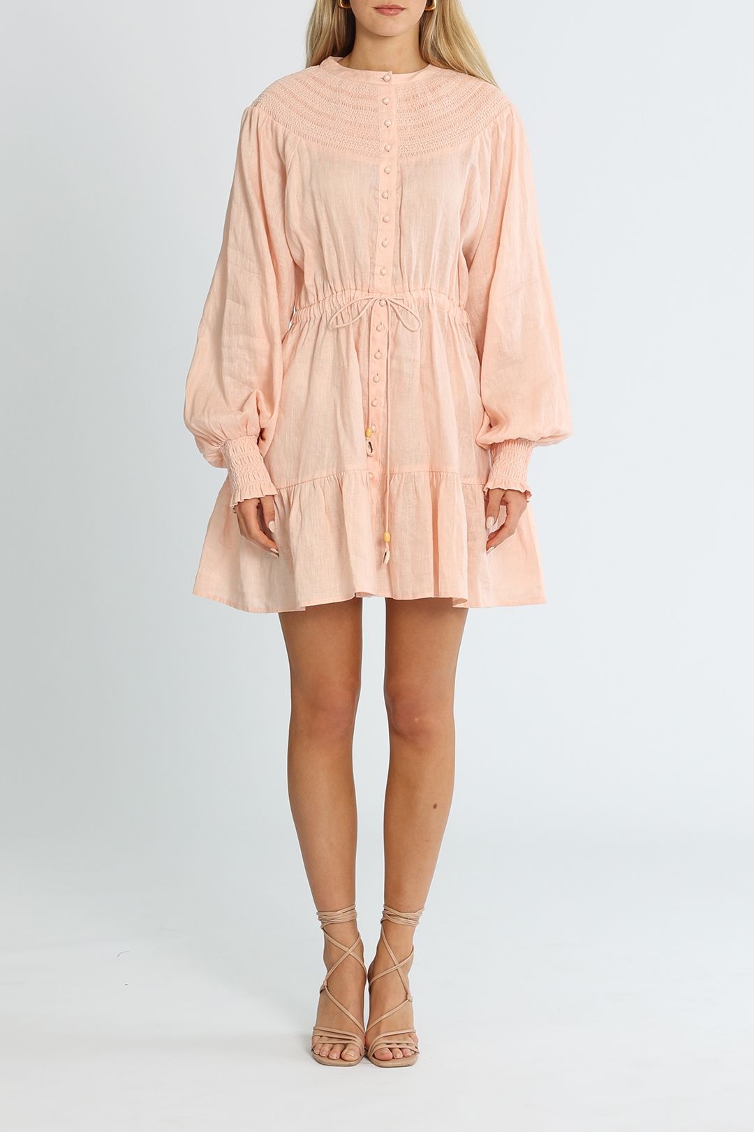 Hire Shirred Yoke Dress Mini in Soft Pink Linen | Bohemian Traders