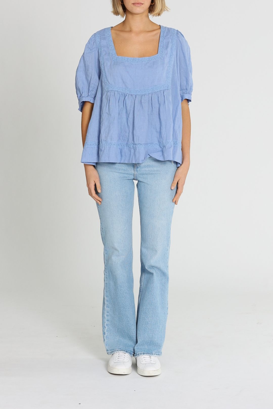 Bohemian Traders Square Neckline Lace Trim Top Periwinkle
