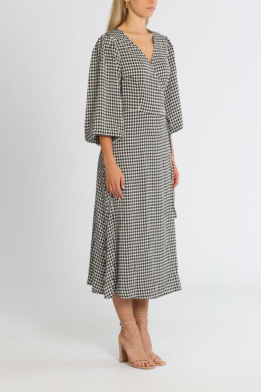 Brave and True Jessica Long Sleeve Dress Black Houndstooth Wrap
