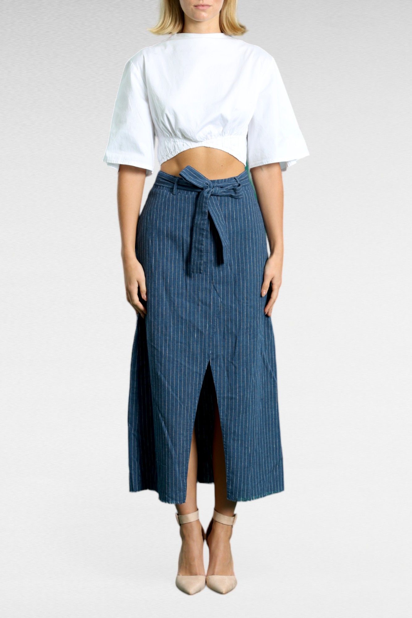 Brave and True Stripe Wrap Midi Skirt Blue