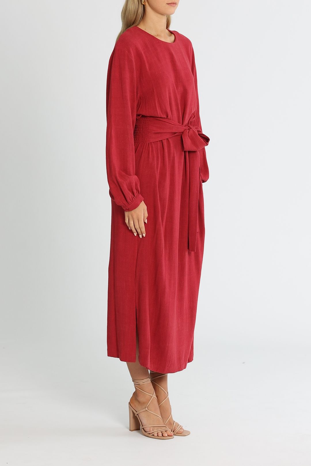Brave and True Turning Point Dress Berry Linen Viscose Balloon Sleeves