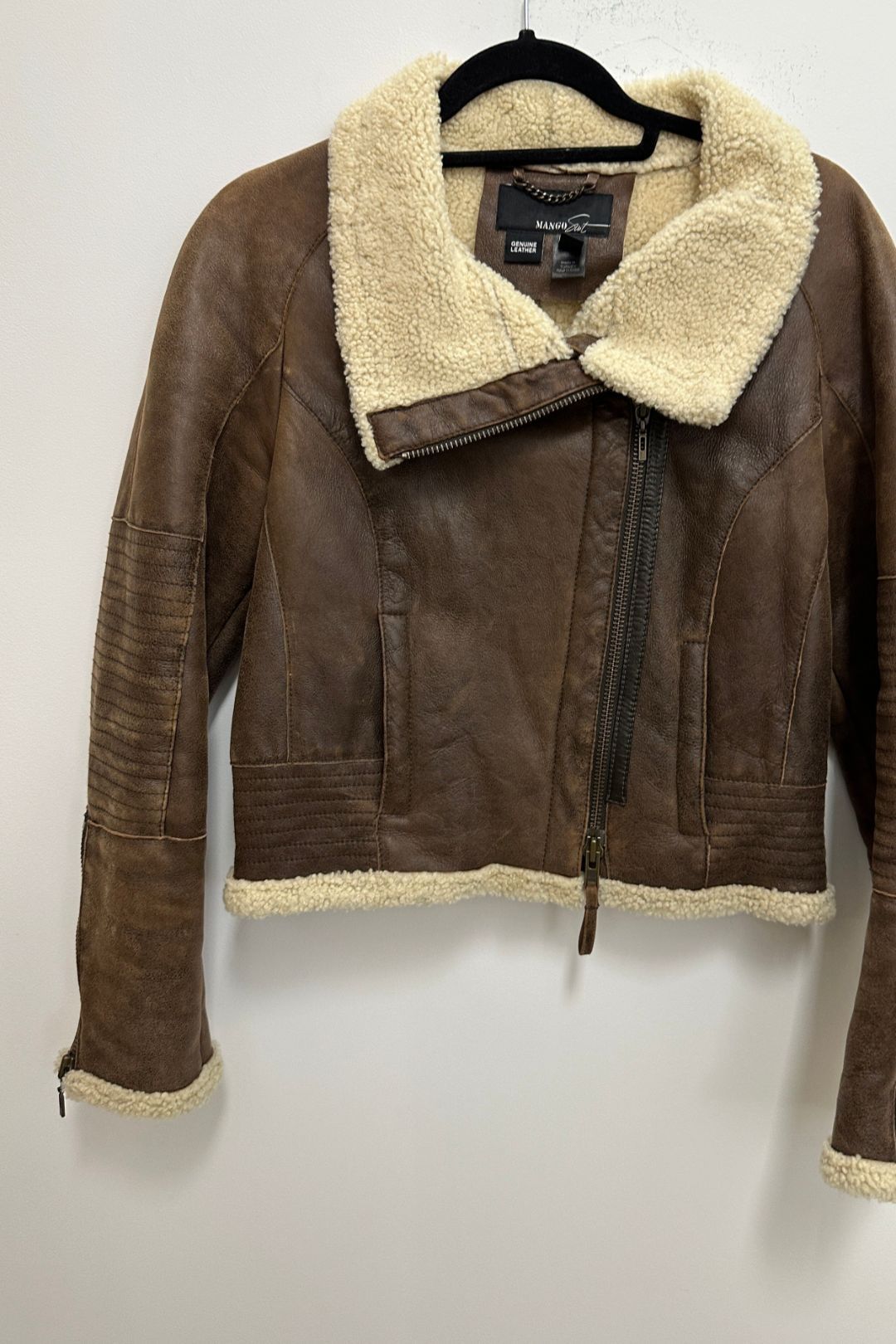 Buy Brown Leather Bomber Jacket MNG GlamCorner