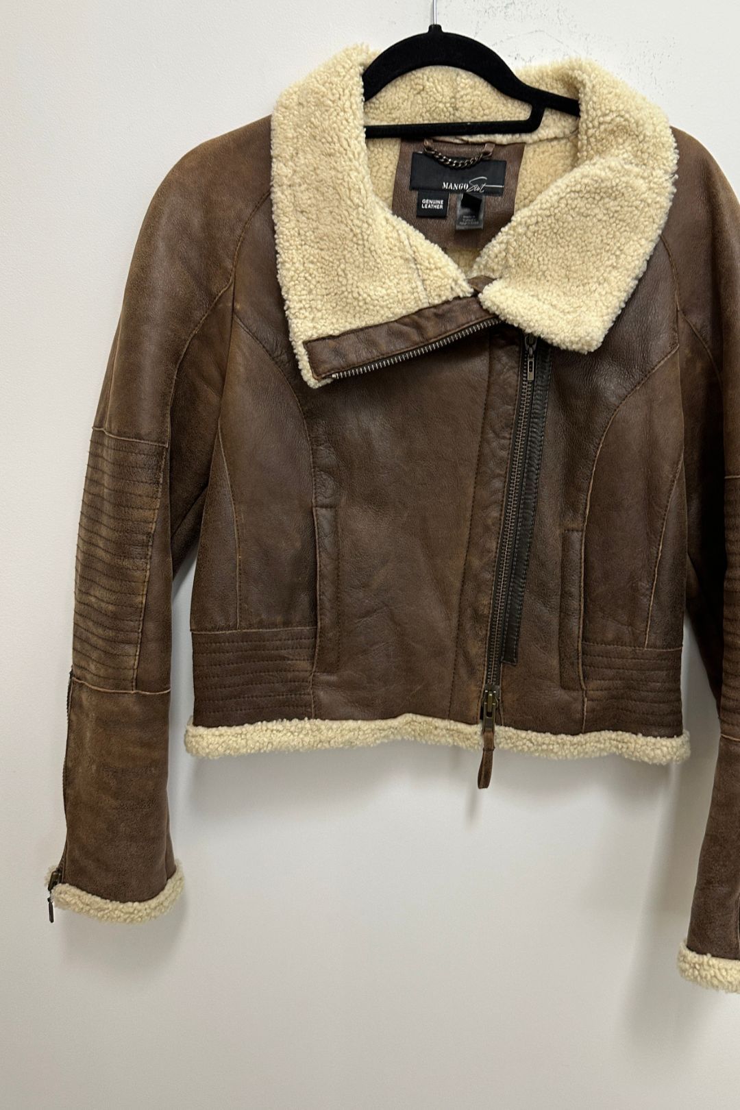 Buy Brown Leather Bomber Jacket | MNG | GlamCorner