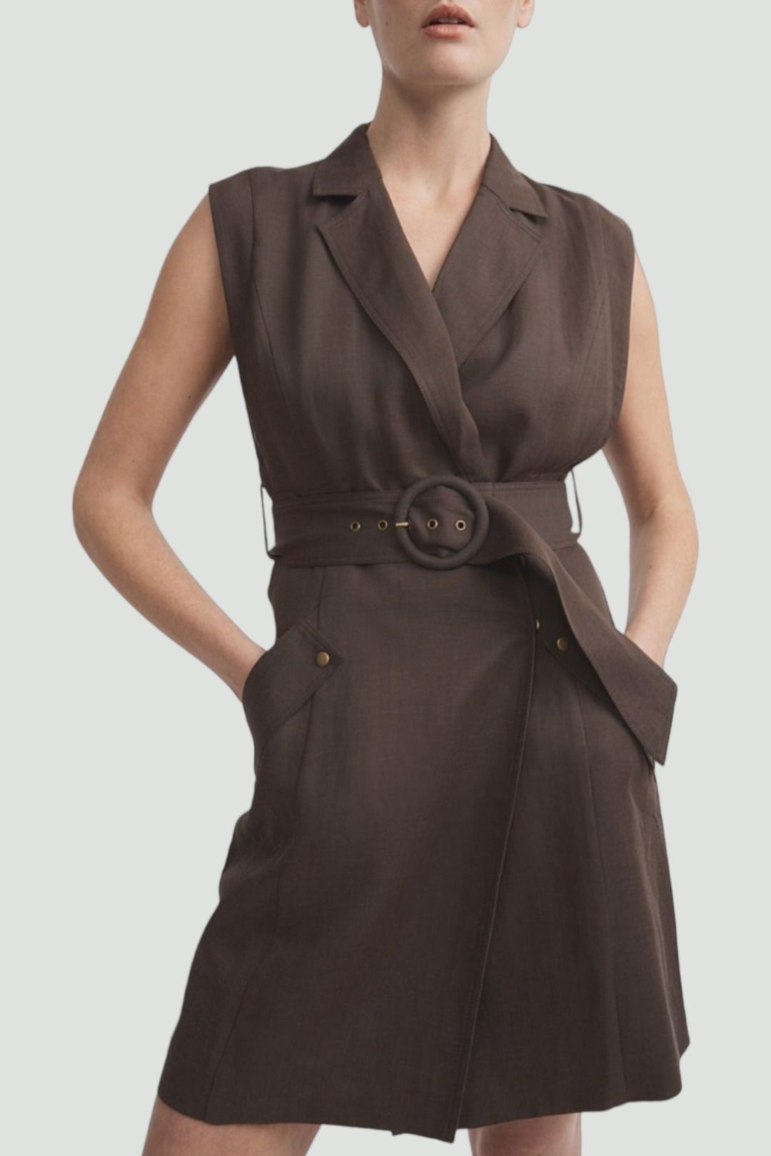 witchery brown dress Brown Sleeveless Utility Mini Dress