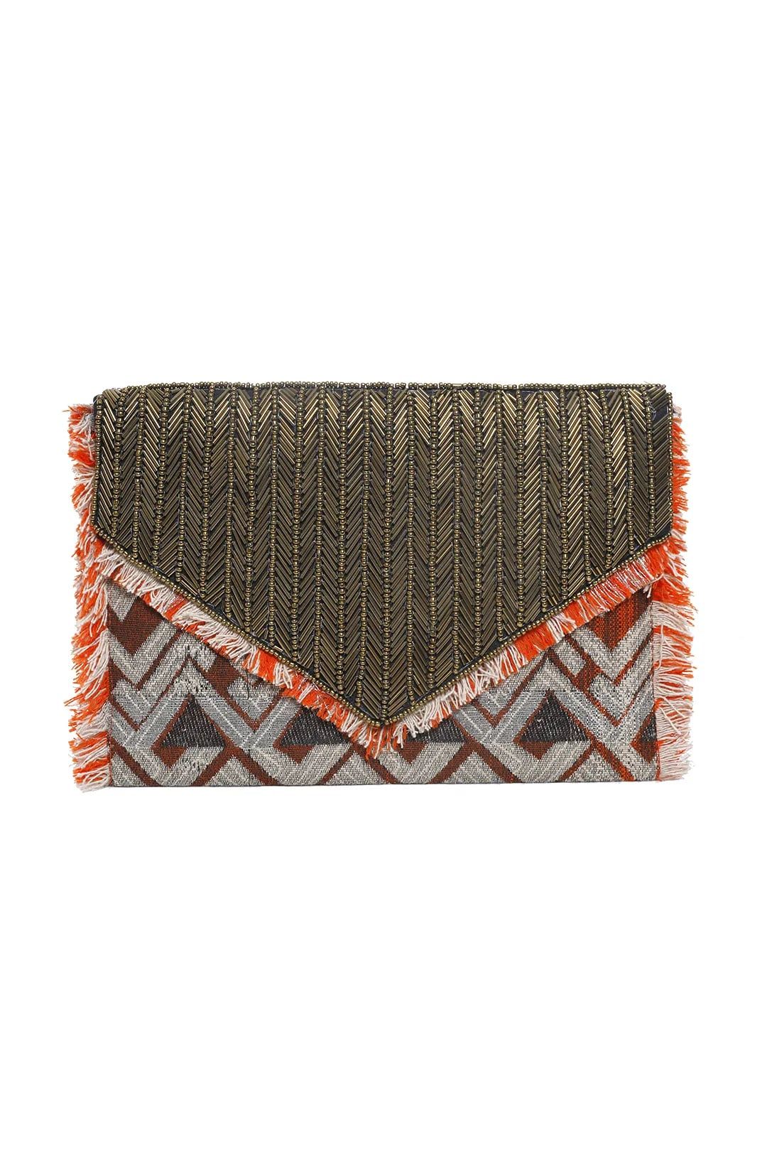Aztec Beaded Tassel Clutch by Adorne, available for purchase