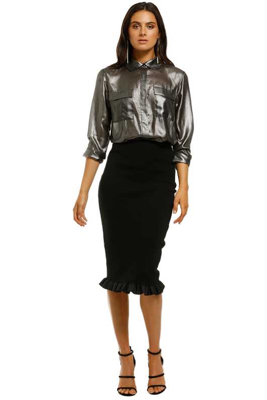 Ribbon Fringe Ribbed Skirt in Black by By Johnny for Rent GlamCorner