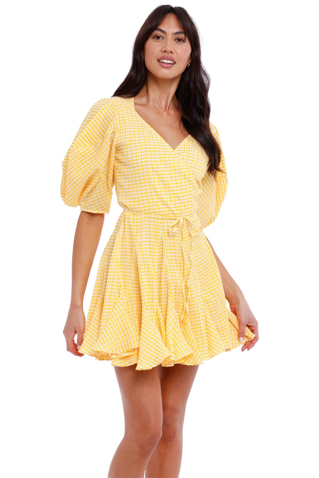 By Johnny Grid Wrap Mini Dress Yellow V Neckline
