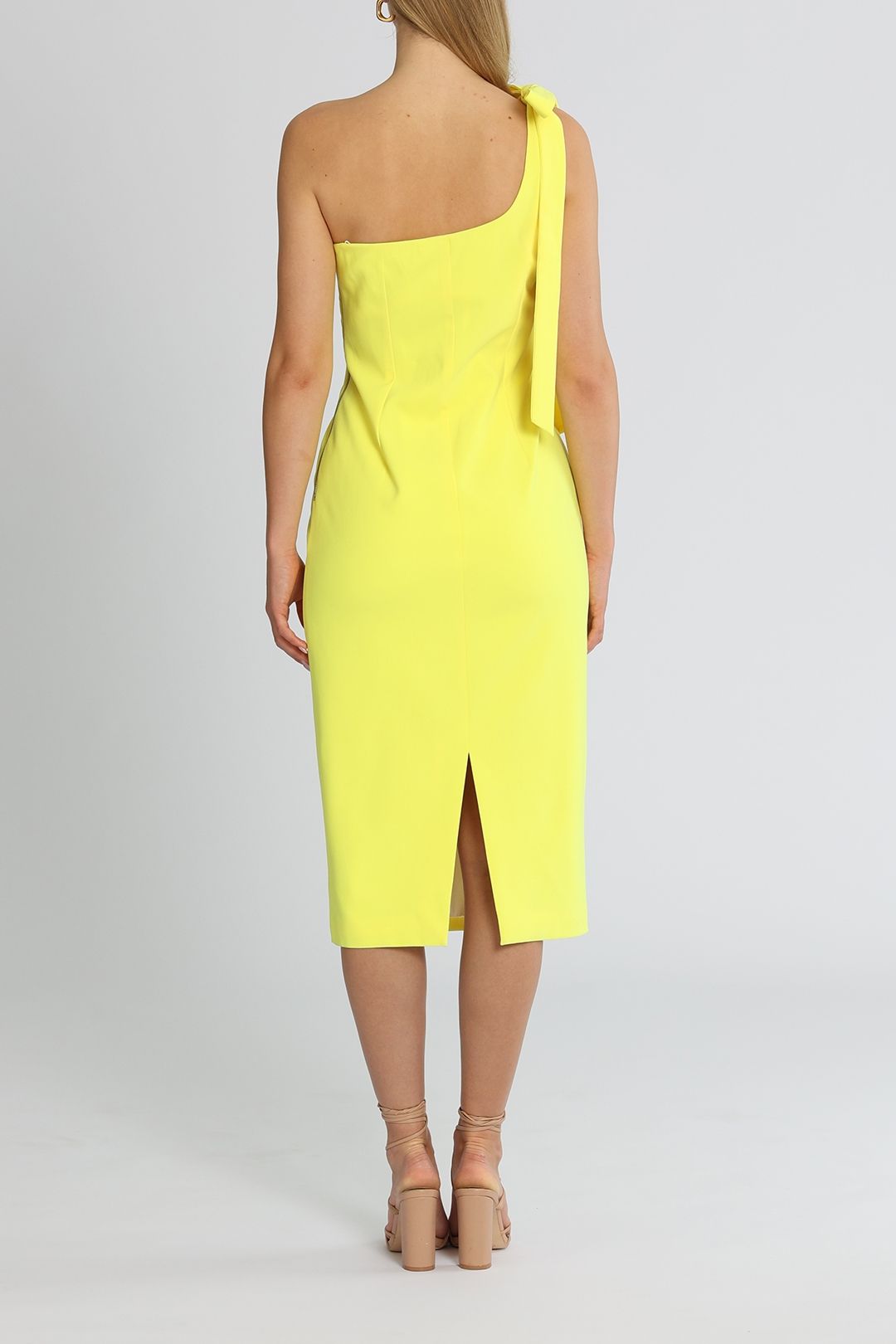 By Johnny Lean Shoulder Midi Dress Citrus Yellow Hem Split