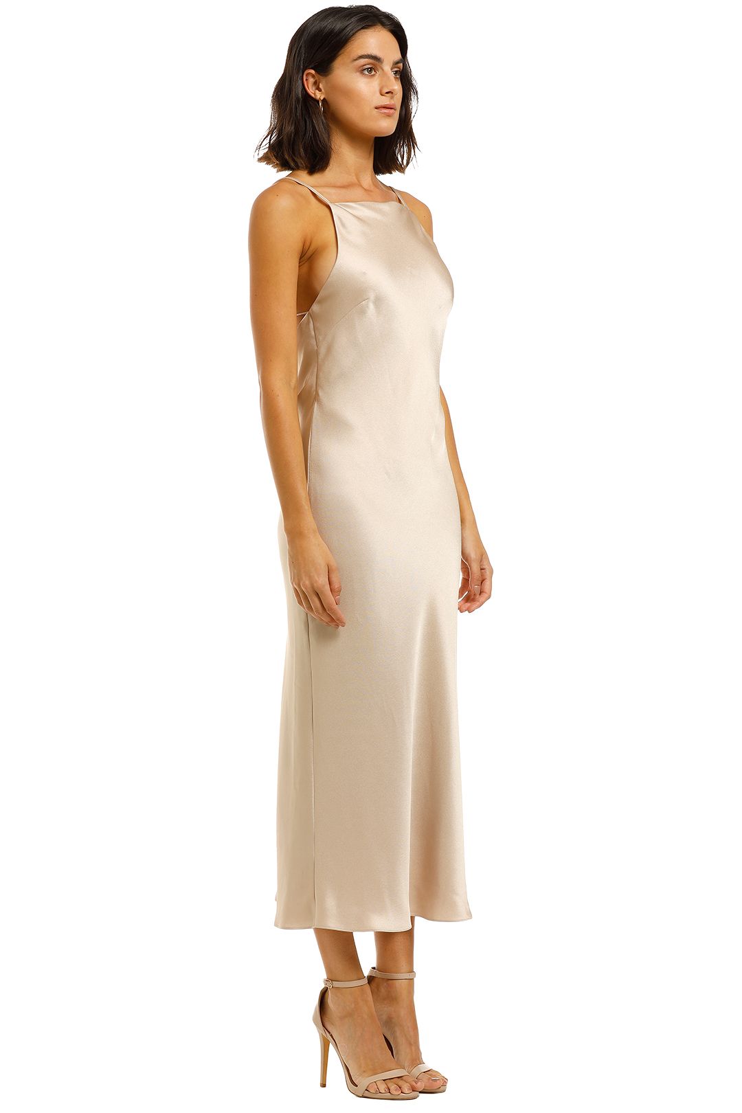 kamea nude satin backless midi dress reviews Champagne Draped Front Midi Dress KAMEA